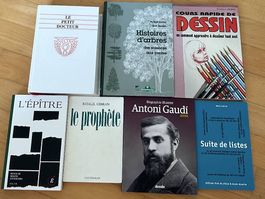 7 livres divers (santé, vins, dessins, arbres,...)