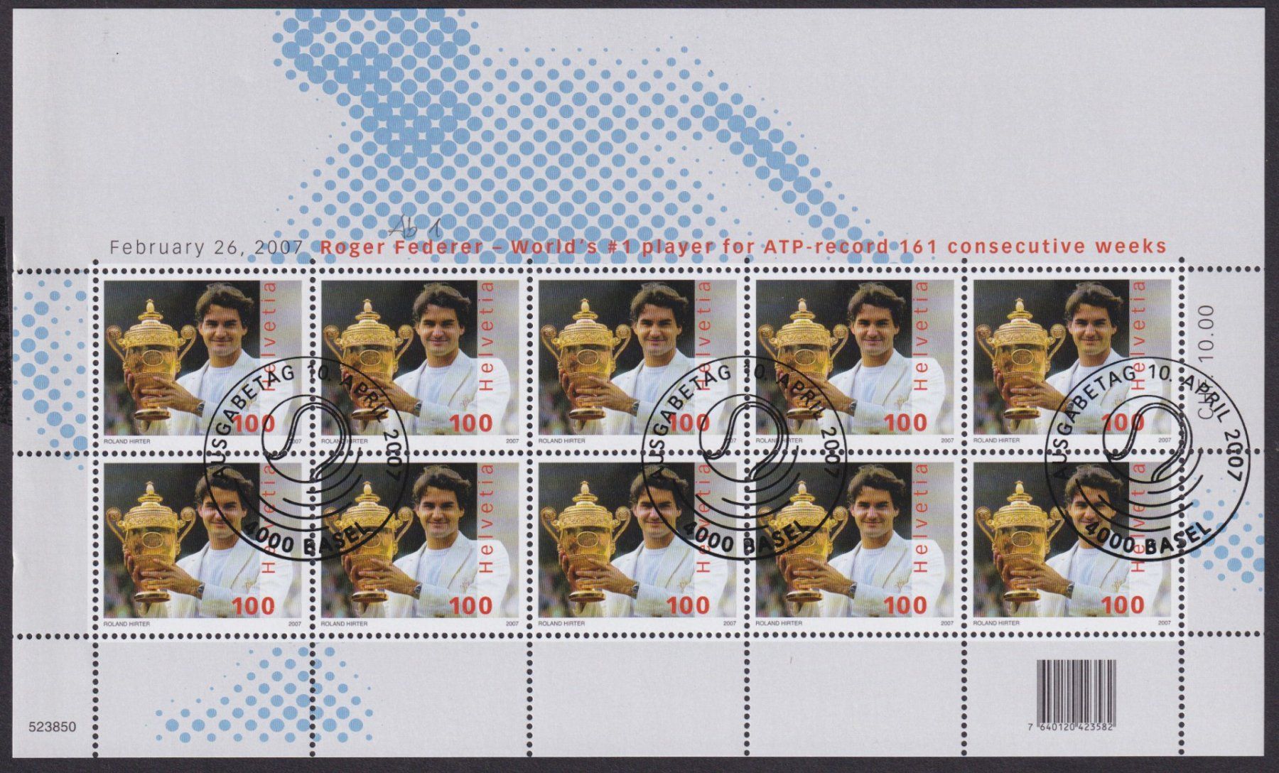 Tous les timbres: SCHWEIZ 2007, "Roger Federer" Kleinbogen, mit Abart 1 – D'occasion à Meyriez par Fuewa