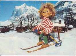 Puppenkarte: Skifahrer, gelaufen 1975