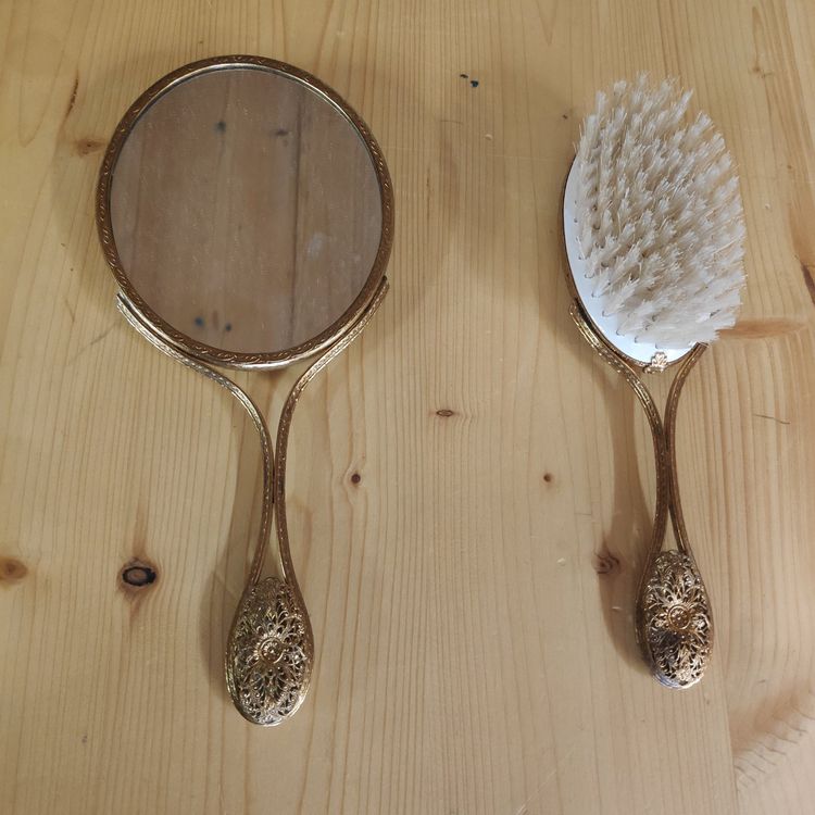 Ensemble Brosse Et Miroir à Coiffure Style Rétro Doré - Neuf Avec Léger Défaut | Coffret Vanité Vintage