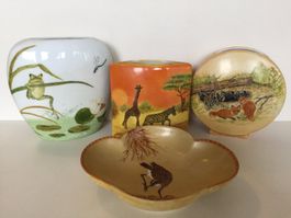 3 vases et 1 coupelle en porcelaine peint main M. Blanchard