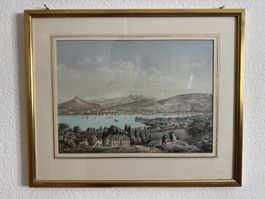 Genfersee mit Blick auf Genf – Kolorierte Lithographie