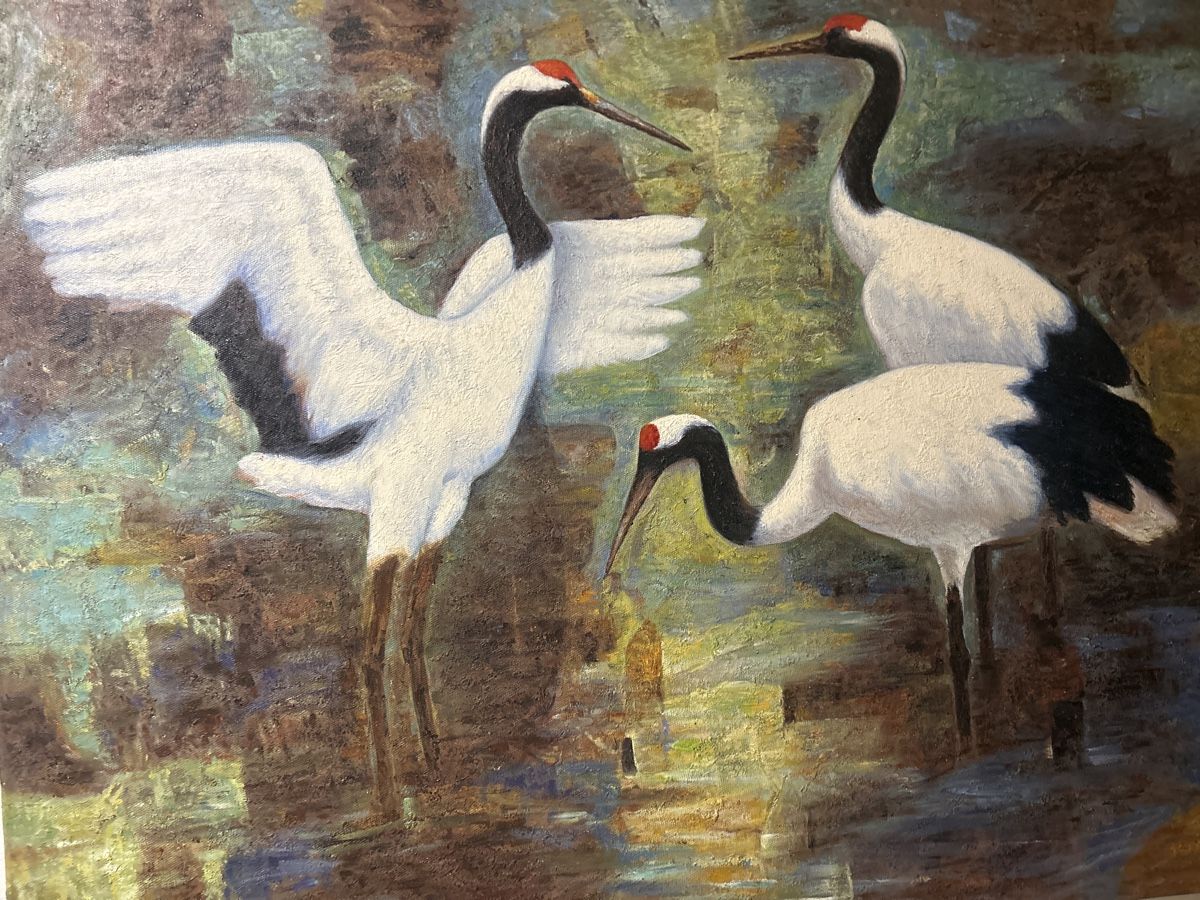 Dipinti: Ölgemälde mit Kranichen, 100x75cm – Usato da Glarus venduto da KunstWerkEr-LS87