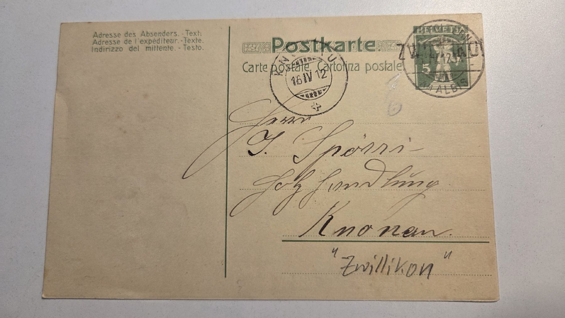 Tutti i francobolli: 1912 Ganzache mit Stabstempel ZWILLIKON – Usato da Arni AG venduto da Moth68