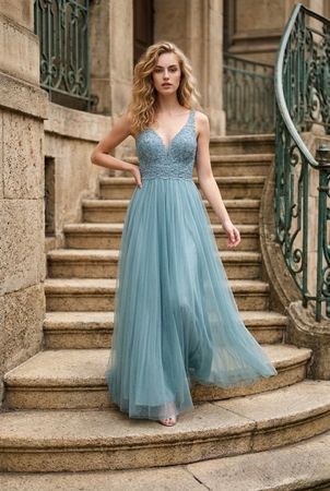 Elegantes Kleid Aquagrün, Größe 34, V-Ausschnitt