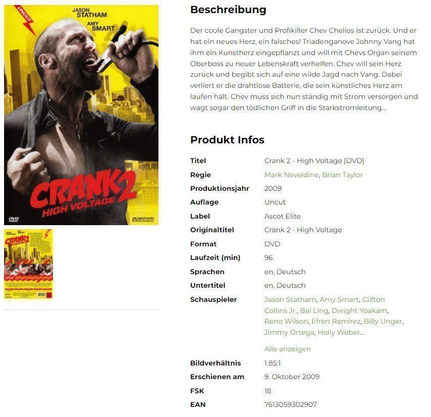 Tutti i DVDs: Crank 2 - High Voltage [DVD] – Usato da Buchrain venduto da Sssschaller