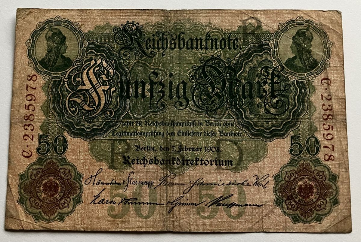 Banknoten: Deutschland 50 Mark 1908 – Gebraucht aus Algetshausen von Carrhard