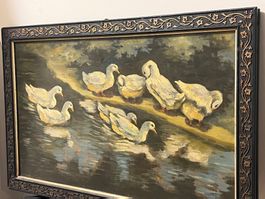 Vintage O.Wolf 1947 Ölgemälde - Enten im Wasser Szene