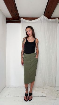 Vintage Bianca Olive Midi Skirt with Button Front