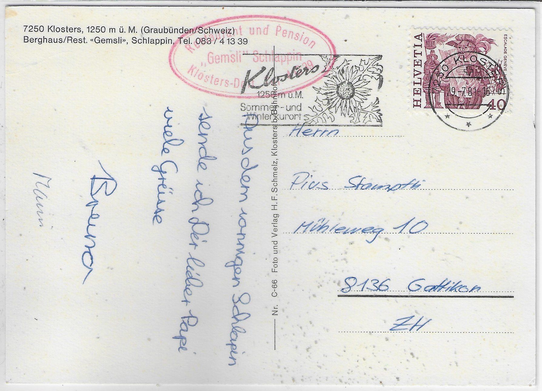 Cartoline postali: Klosters - Berghaus-Restaurant "Gemsli" – Usato da Ettingen venduto da Kartenplanet 1