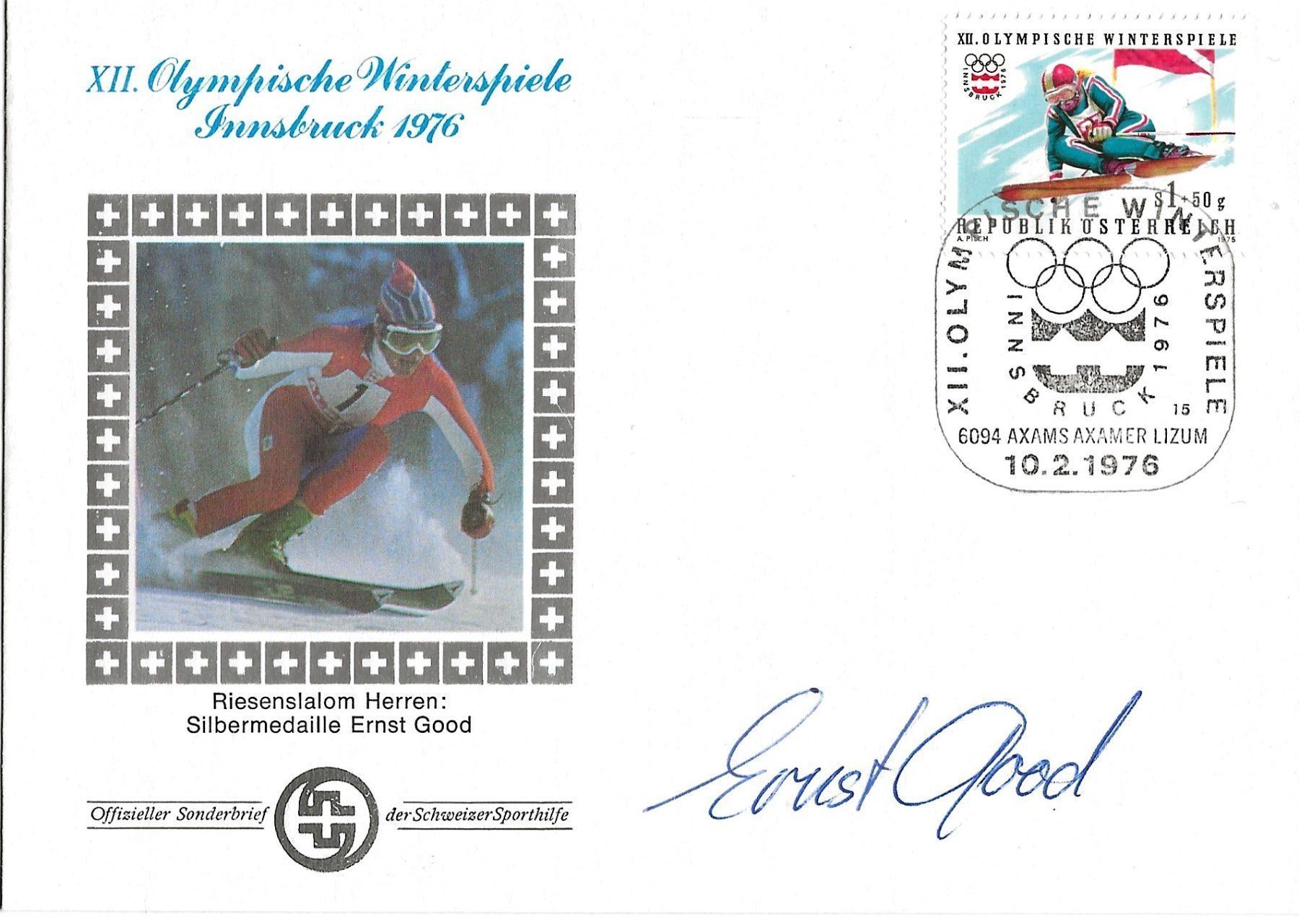 Cartoline postali: Olympia, Flums, Ernst Good, Autogramm, Ski, Philatelie – Usato da Frauenfeld venduto da Merk52