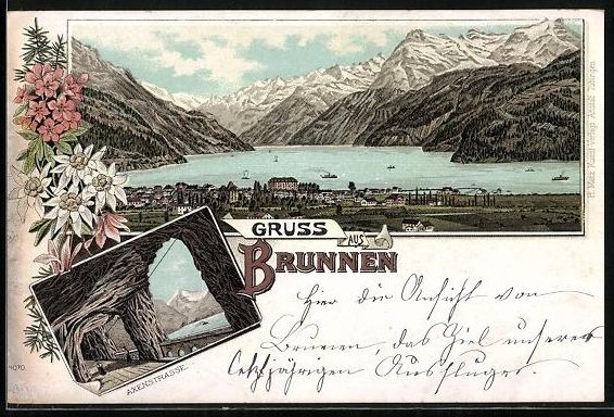 Ansichtskarten: Litho Brunnen, Ortsansicht mit Bergpanor – Gebraucht aus Berlin von bartko-reher