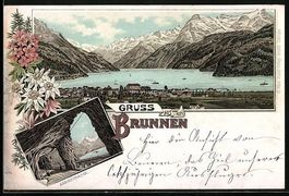 Litho Brunnen, Ortsansicht mit Bergpanor
