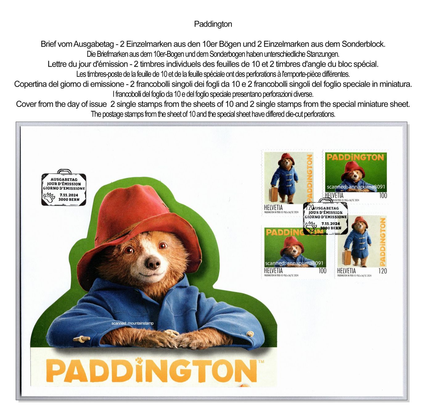 Tutti i francobolli: Schweiz 2024 FDC Paddington - FDC Combo G2/9 – Nuovo (secondo la descrizione) da Pfäffikon SZ venduto da ANNAPURNA8091