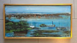 Tableau peinture à l'huile signée, le lagon bleu