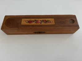 60er Holzetui Schreibutensilien mit Blumenmotiv antik