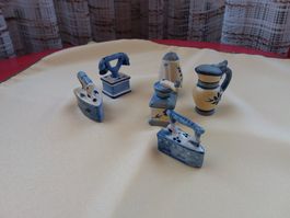 6 antike Keramik Miniaturen blau weiss Deko Figuren Rarit...