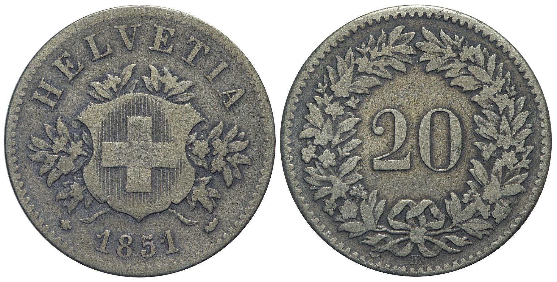 Alle Münzen: 20 Rappen 1851 (06) – Gebraucht aus Chiasso von Novamarketing