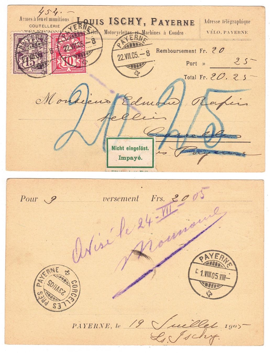 Tous les timbres: Carte de Payerne pour Corcelle le 22.VII.05 – D'occasion à La Tour-de-Peilz par amjust