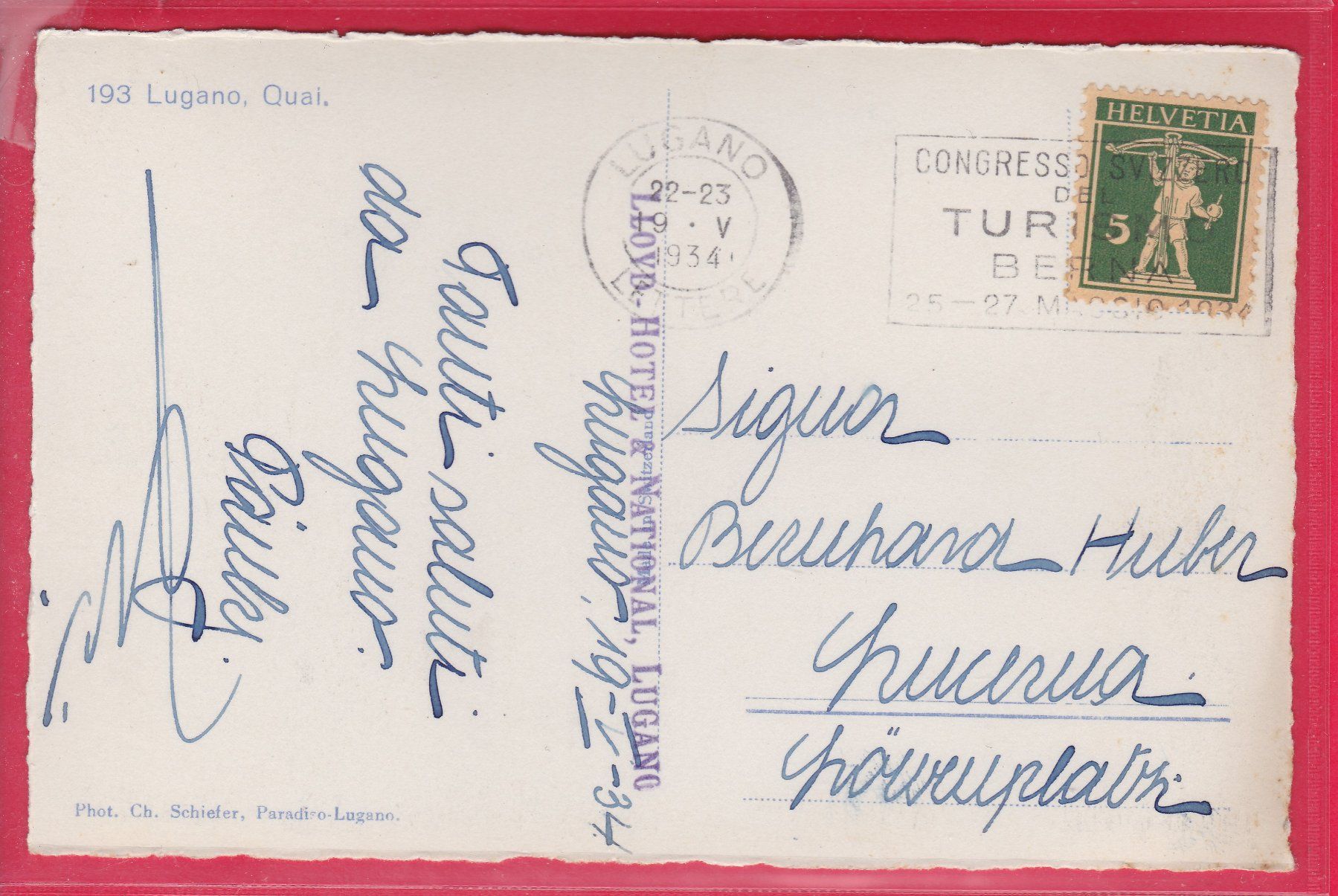 Cartoline postali: LUGANO, QUAI, 19.5.1934 – Usato da Oberrieden venduto da Gebirgsstelze 1