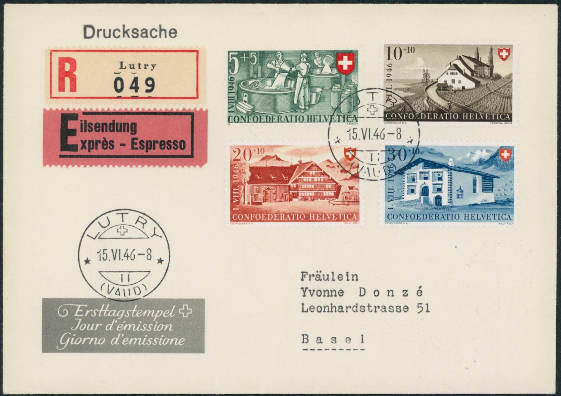 Tutti i francobolli: 1946 - Pro Patria - Ersttagsbrief FDC ET – Usato da Schindellegi venduto da leecollect