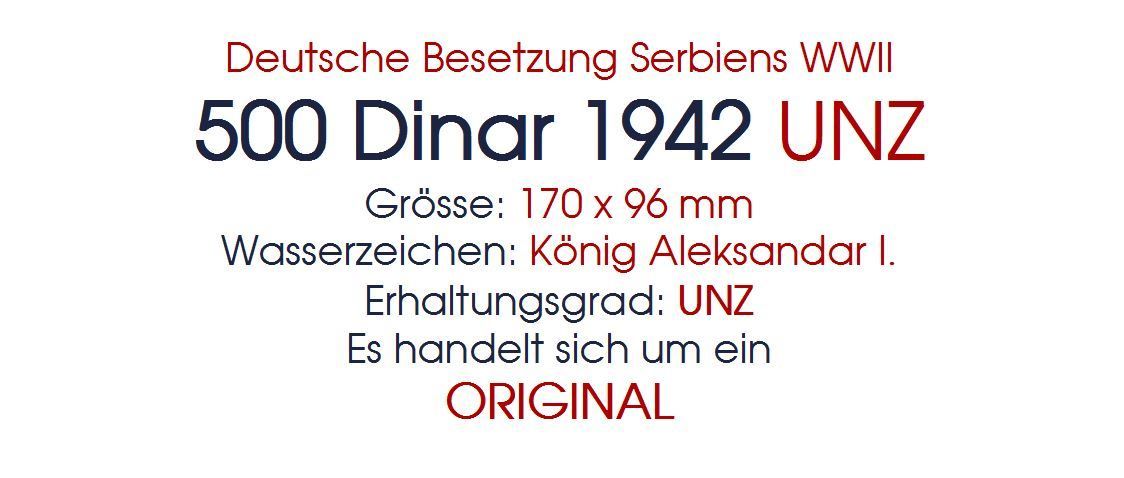 Banconote: 500 Dinar 1942 WW2 UNZ – Nuovo (secondo la descrizione) da Flamatt venduto da samowarow 1