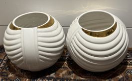 2x Schöne Weiss-Gold Keramik Vasen, Moderne Deko