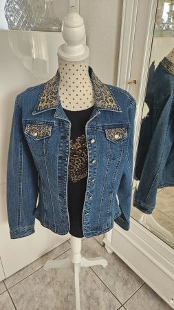 Jeansjacke mit passendem Shirt Strass Leopard Jacke Gr. 38