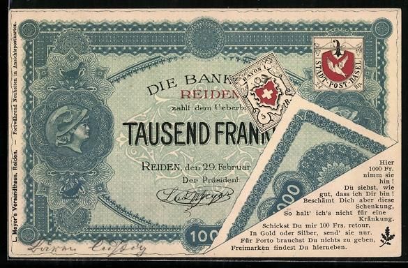 Cartes postales: AK Basel, Banknote 1000 Franken, 1899 – D'occasion à Berlin par bartko-reher