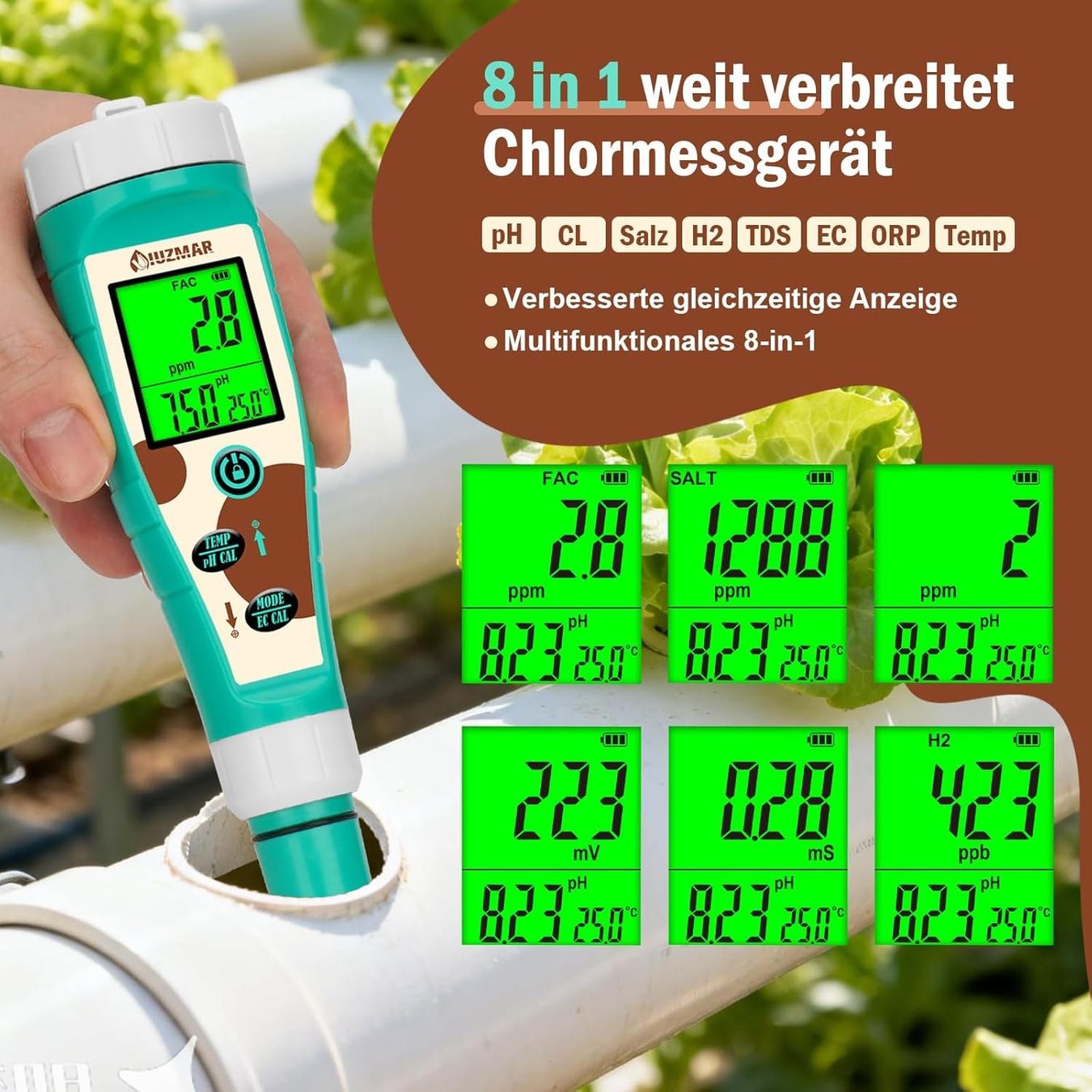 Misurare: 8-in-1 Wassertester pH Chlor Salz ORP TDS Pool Hydrokultur – Nuovo e nell'imballaggio originale da Hallau venduto da Sale50OFF 5