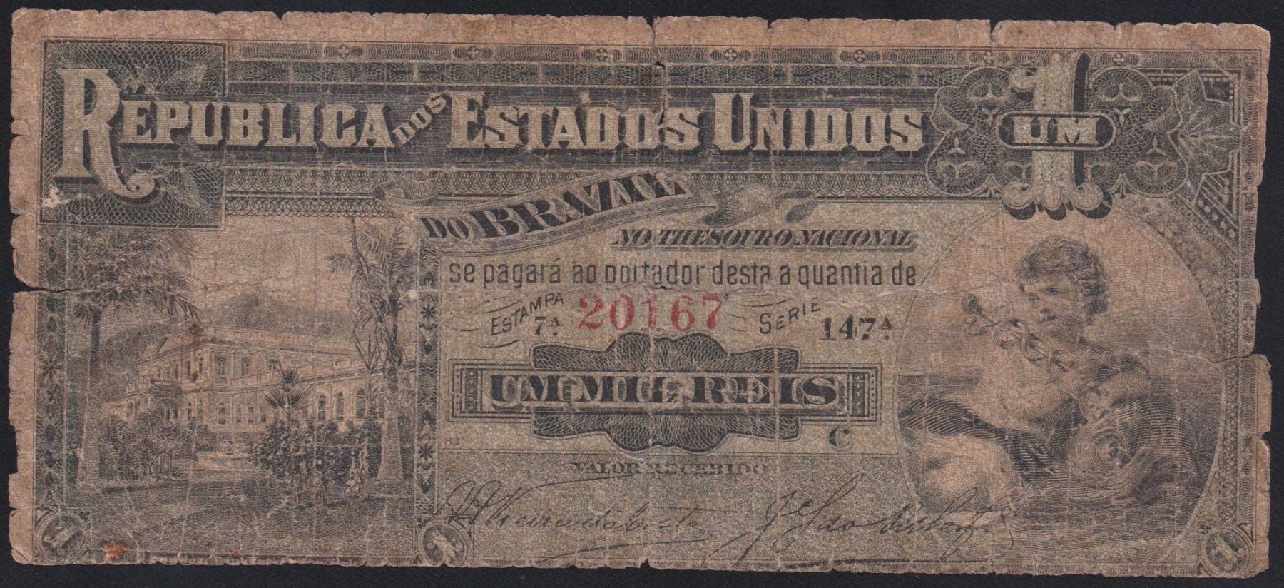 Banconote: Brasilien 1 Mil Reis 1892 – Usato da Brugg AG venduto da banknoten_muesli
