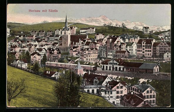Cartoline postali: AK Herisau, Panoramablick mit Säntis – Usato da Berlin venduto da bartko-reher