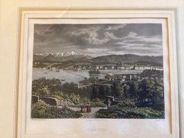 Lithographie ville de Genève, peinte,