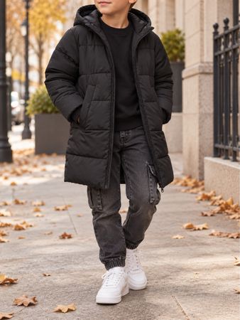 MANTEAU MATELASSÉ NOIR À CAPUCHE