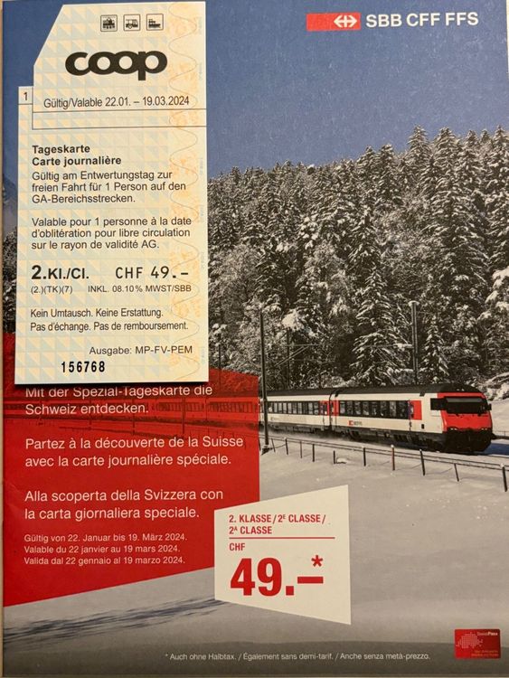 SBB Tageskarte COOP gültig bis 19 März 2024 (Neu (gemäss Beschreibung ...