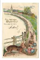 Ostern - ein fröhliches Fest - Hasen Eier - Präge-Litho 1904