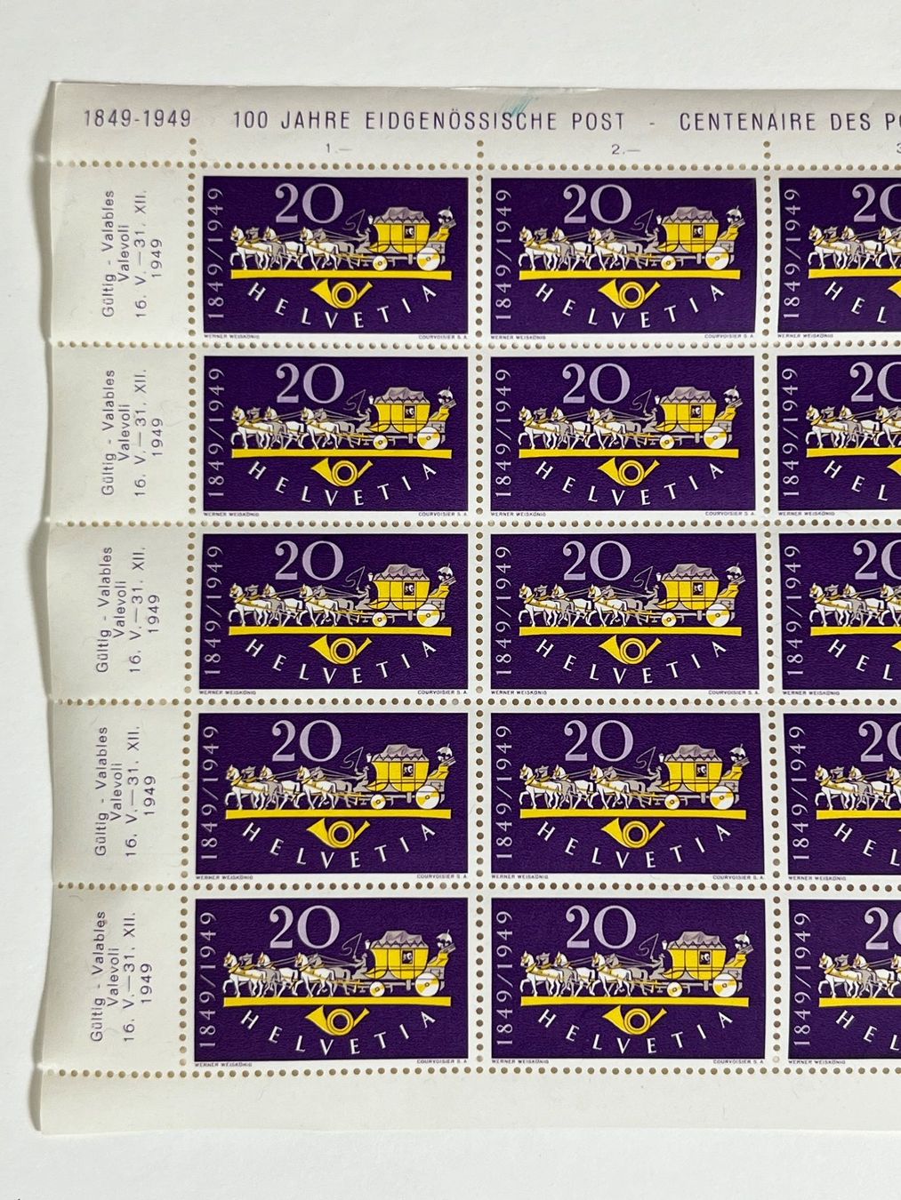 Tutti i francobolli: Briefmarke 1949 Bogen eidgenössische Post mit Abart – Usato da Wollerau venduto da Sammler-Ecke 1