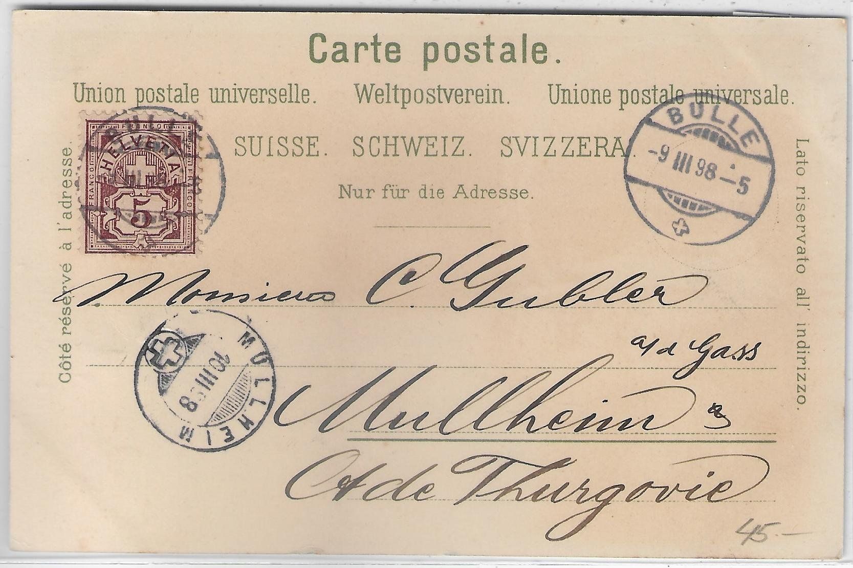 Cartoline postali: Souvenir de Bulle - Litho 1898 – Usato da Ettingen venduto da Kartenplanet 1