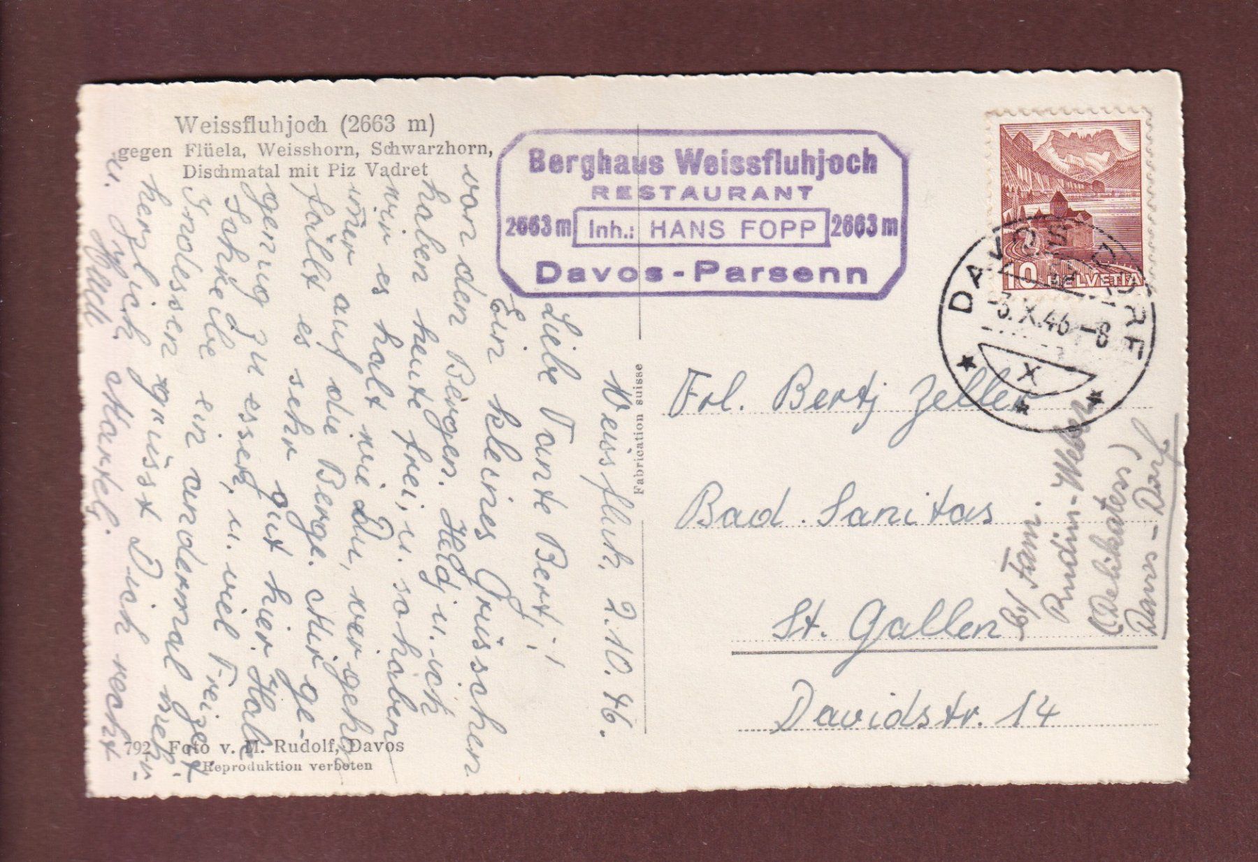 Cartoline postali: WEISSFLUHJOCH - 1946 – Usato da Pully venduto da nicecards-shop 1