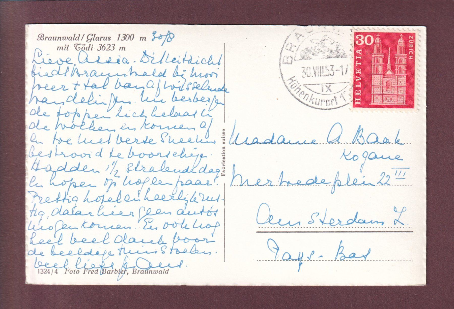 Cartoline postali: BRAUNWALD - Tödi - 1953 – Usato da Pully venduto da nicecards 1