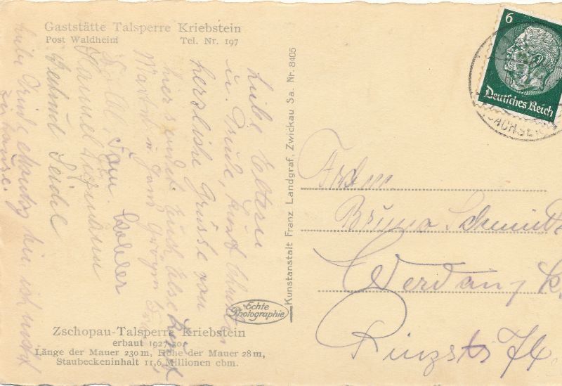 Cartoline postali: Kriebstein - Talsperre Gaststätte + 1934 – Usato da Emmenbrücke venduto da teestube 1