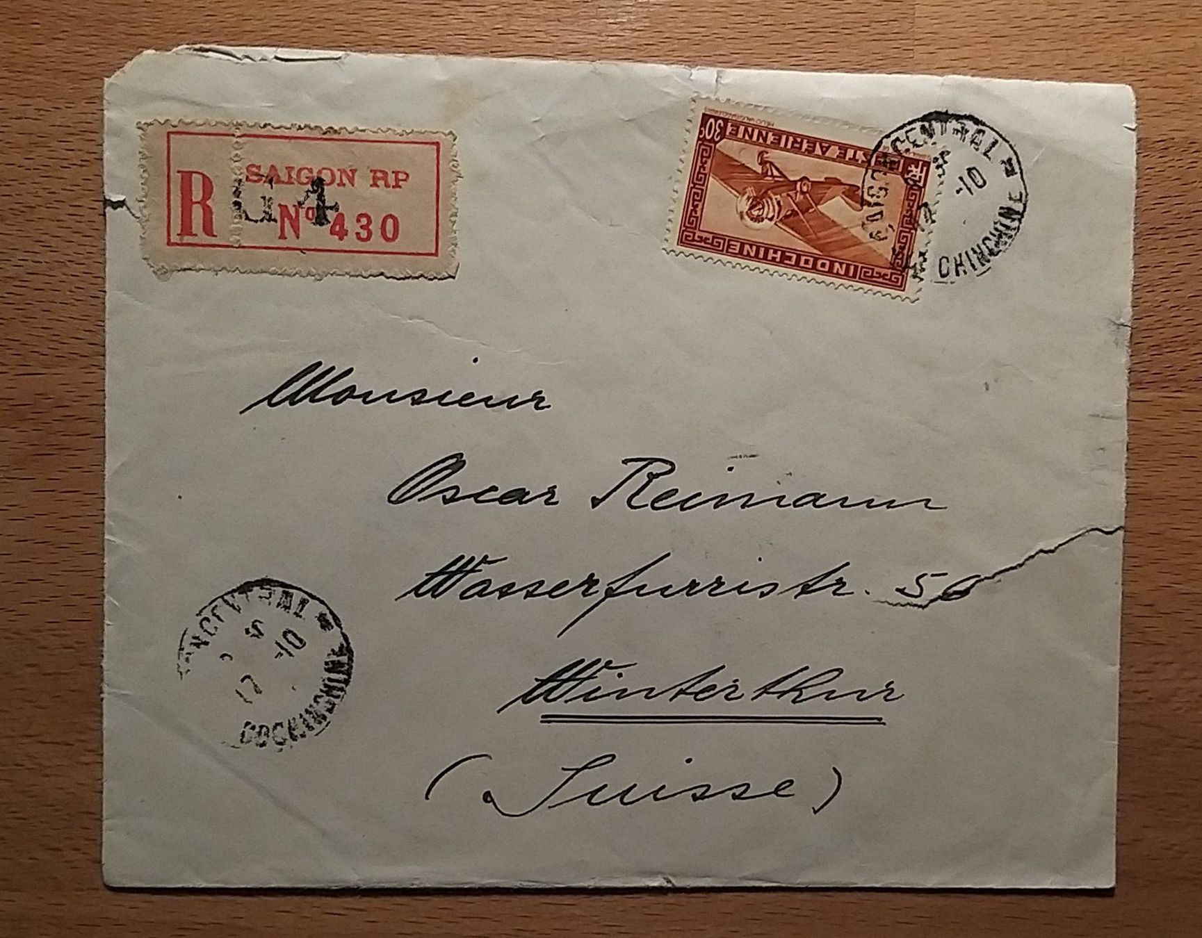 Alle Briefmarken: R Brief Saigon nach Winterthur 1936 – Gebraucht aus Unterägeri von PhilatelieStudiger