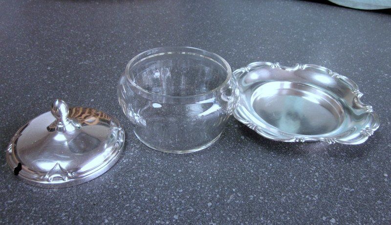 Zuccheriere: Jugendstil Zuckerdose Marmeladendose versilbert mit Glas – Usato da Bischofszell venduto da raika 4