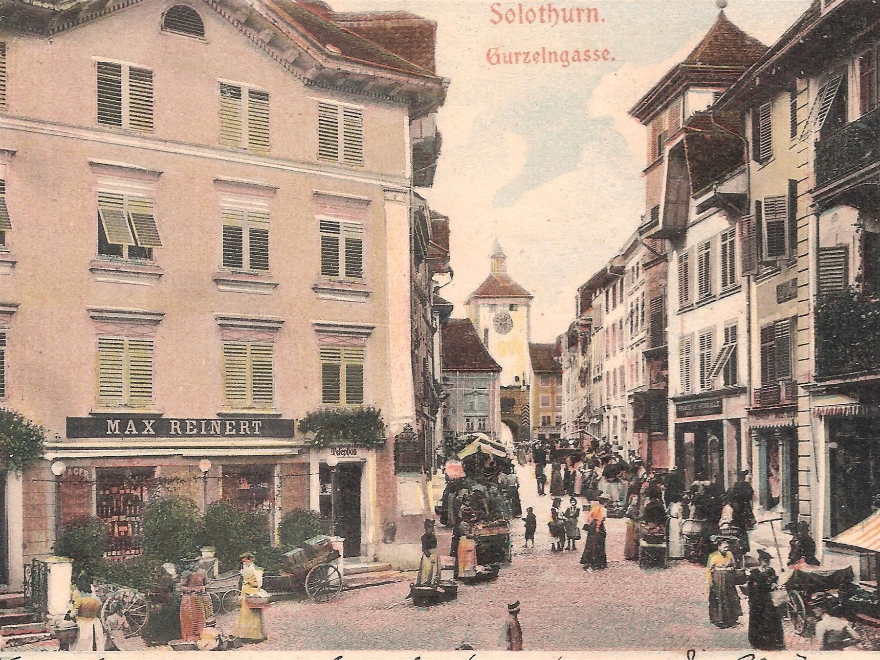 Cartoline postali: 23.2.1907 Farblitho Solothurn/sehr belebte  Gurzelgasse – Usato da Zürich venduto da Hagliweg