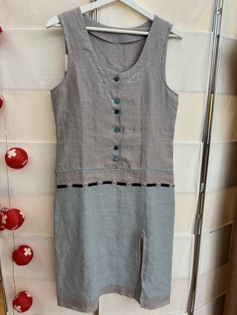 Kleid G. Kristina Leinen grau blau ärmellos Grösse M