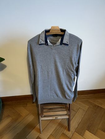Pull gris chiné XL, col chemise intégré