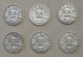 6 x 50 Rp. 1920, 1921, 1929, 1932, 1934, 1943  Silber