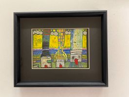 Hundertwasser-Bild mit schwarzem Holzrahmen