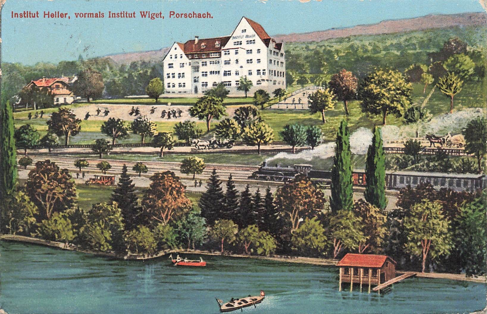 Cartoline postali: Rorschach (SG) Institut Heller und Dampfzug – Usato da Biasca venduto da Blenio71