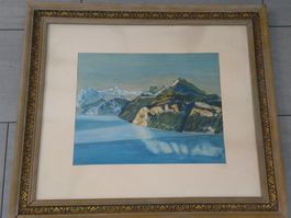 Landschaft Berg mit See, Bild antik gerahmt
